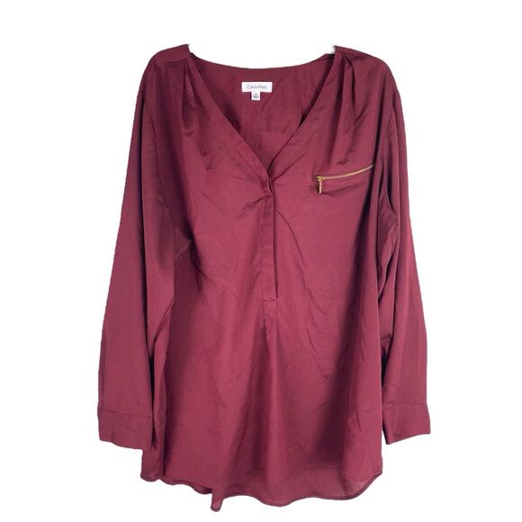 Calvin Klein Career 2X Plus Size Long Sleeve Burgundy Top Career Work - Picture 1 of 6